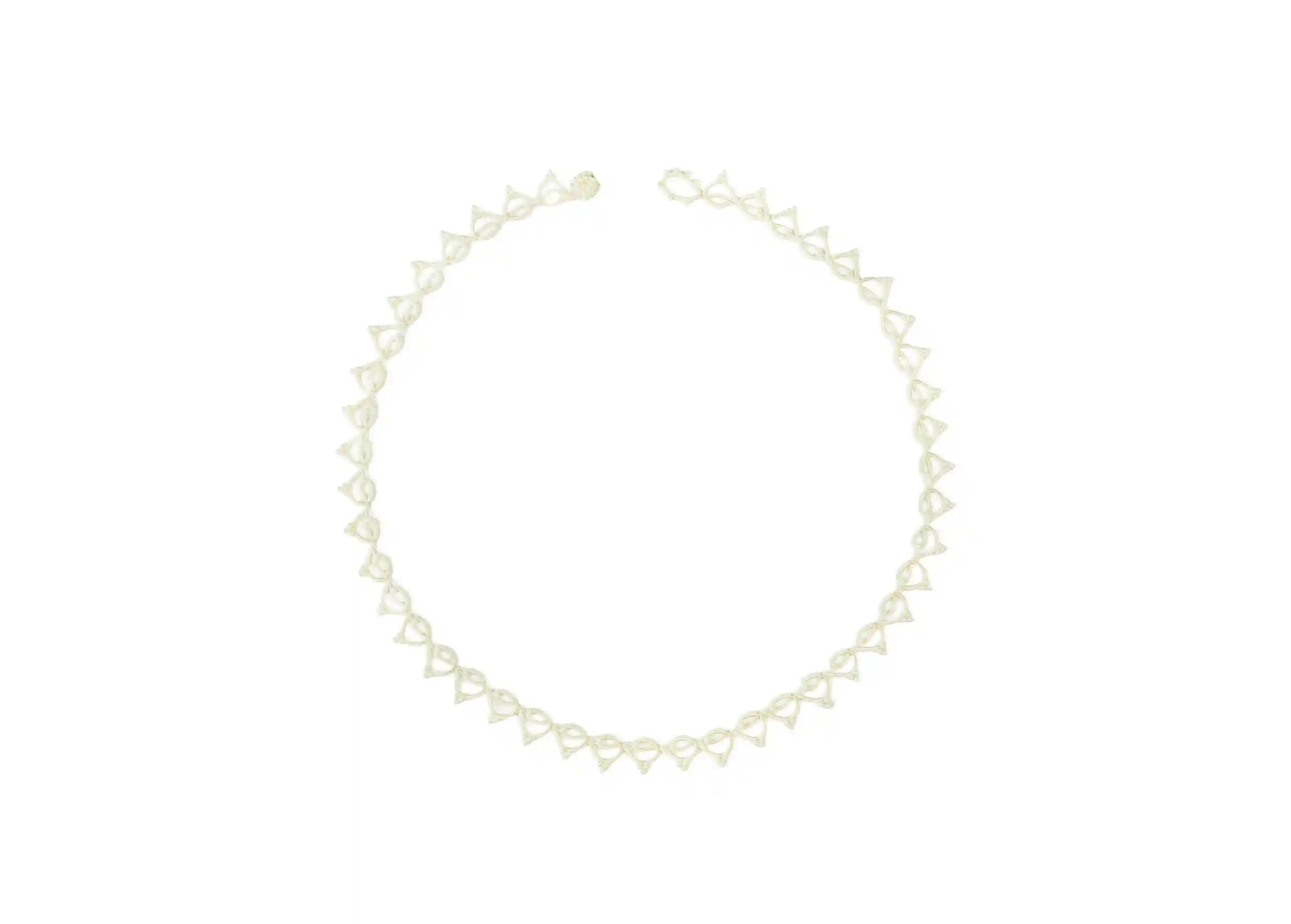 Handmade choker necklace made of thread and beads, Lotus Chain in light ivory colour, photo taken against a white background