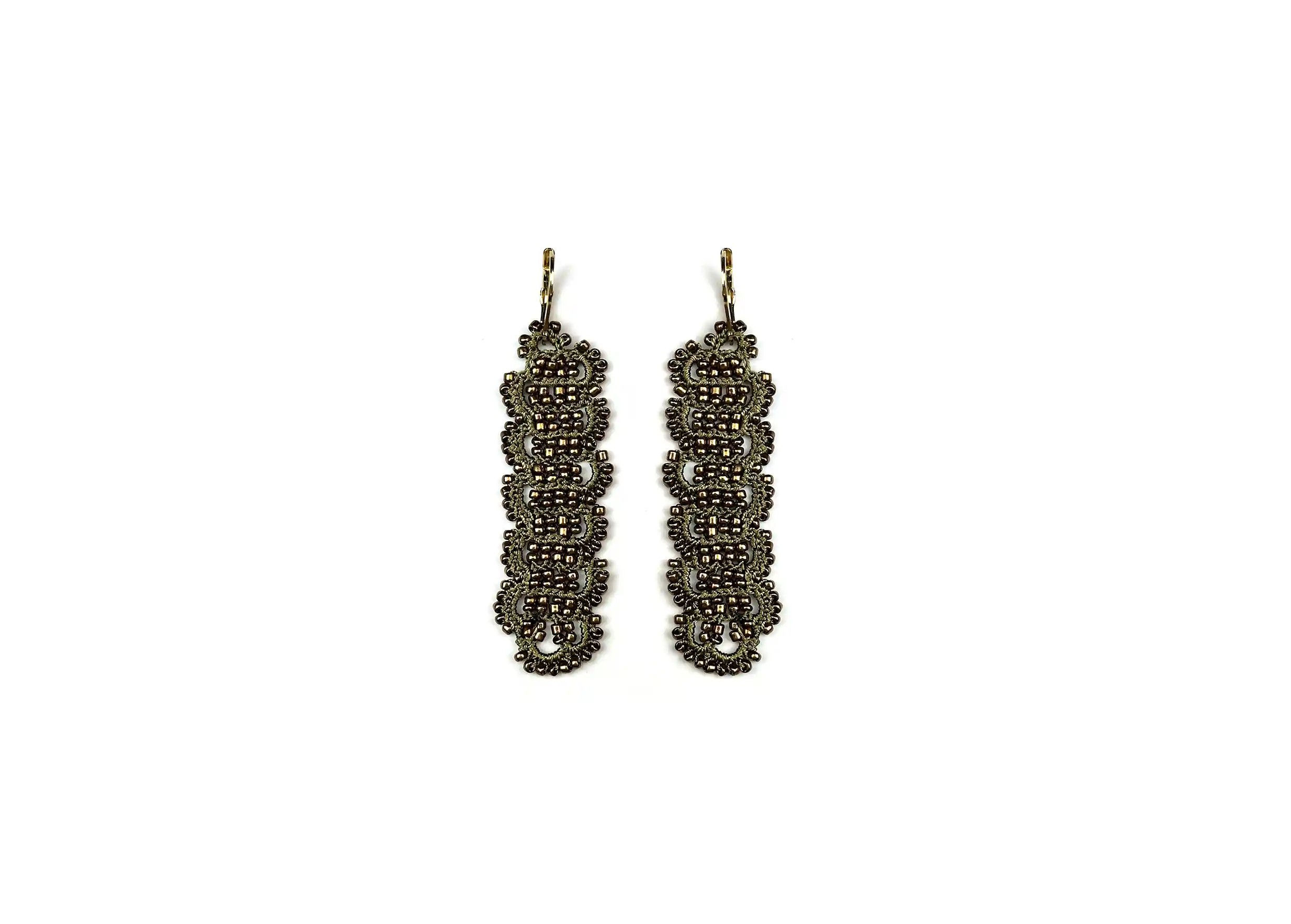 Designer earrings with wire and metallic beads, Bark model, bronze and dark copper colours