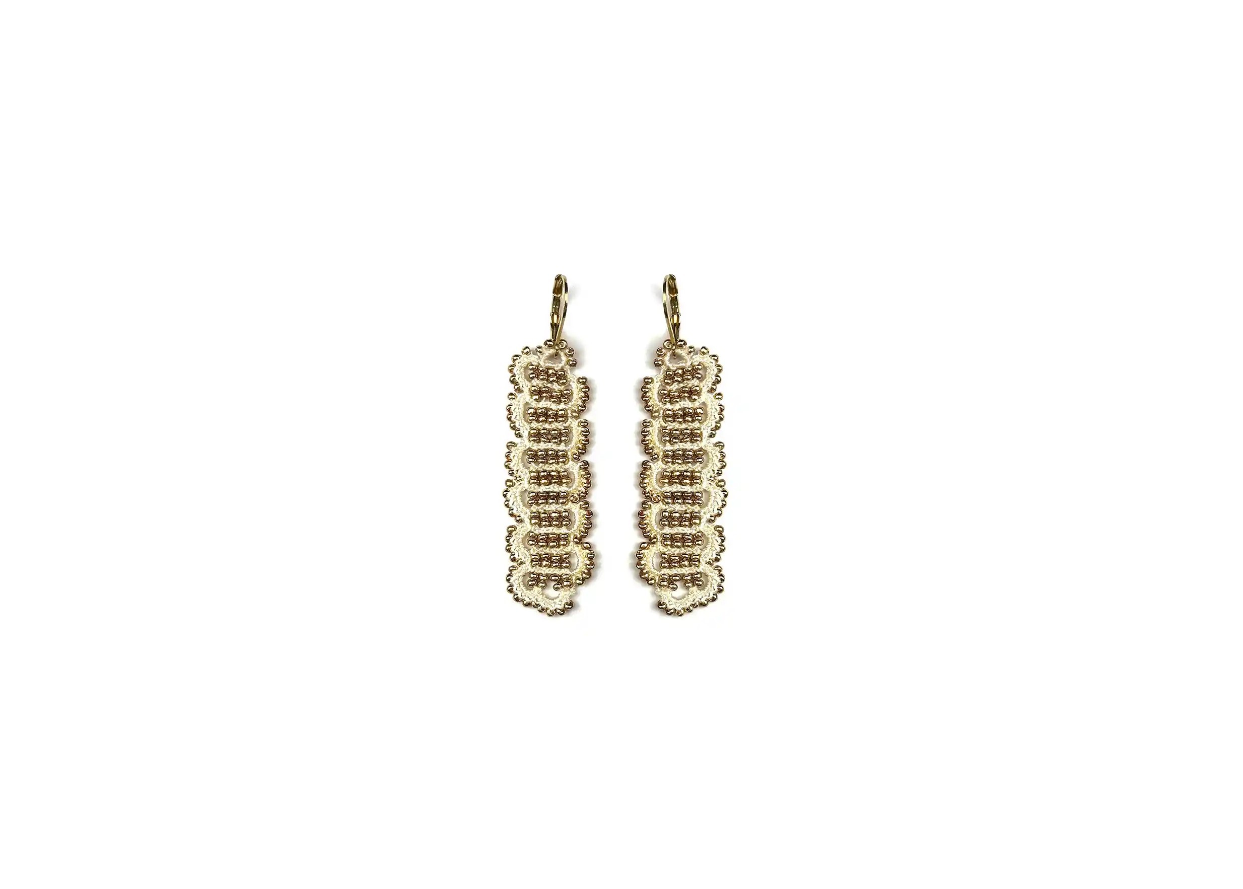 Designer earrings with wire and metallic beads, Bark model, ivory and shiny gold colours