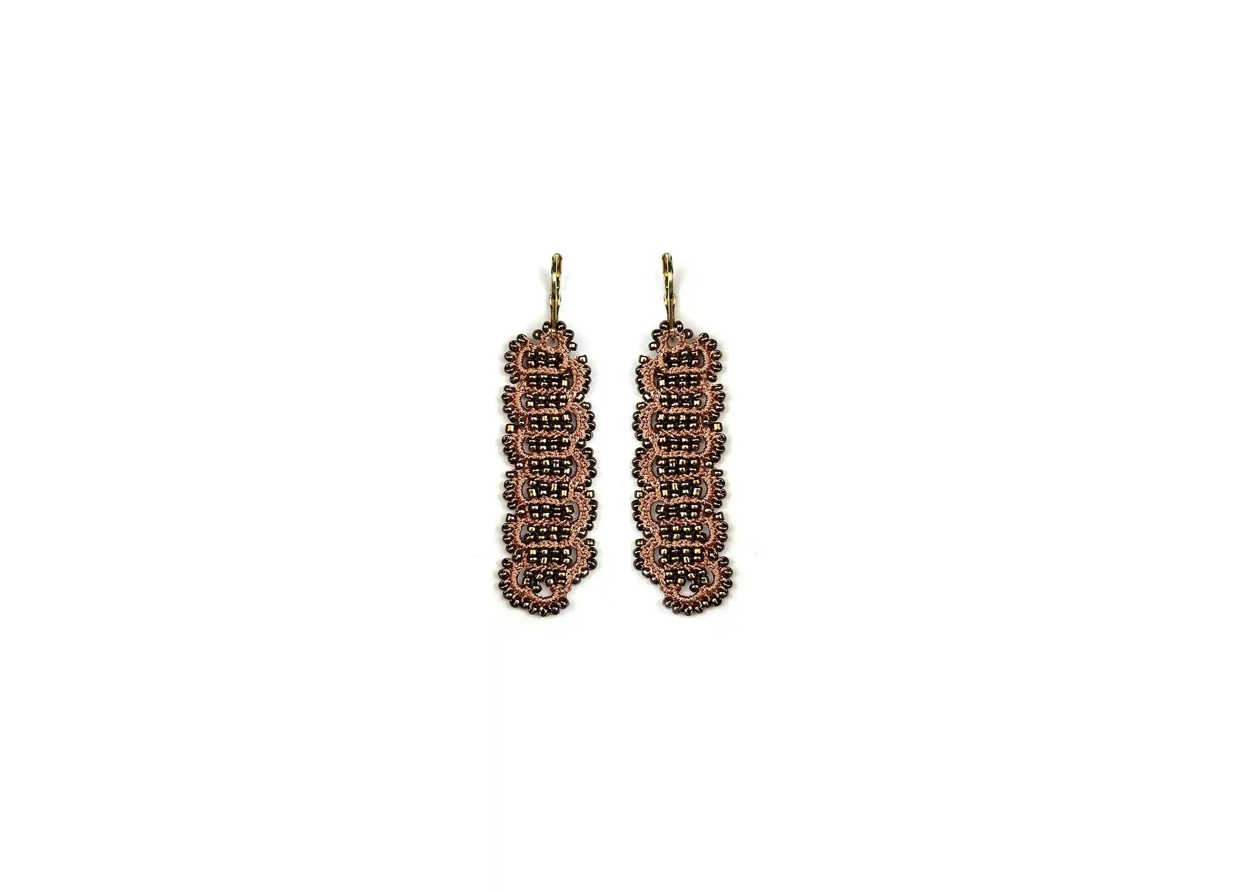 Metal bead wire earrings, Bark model, terracotta and copper colours