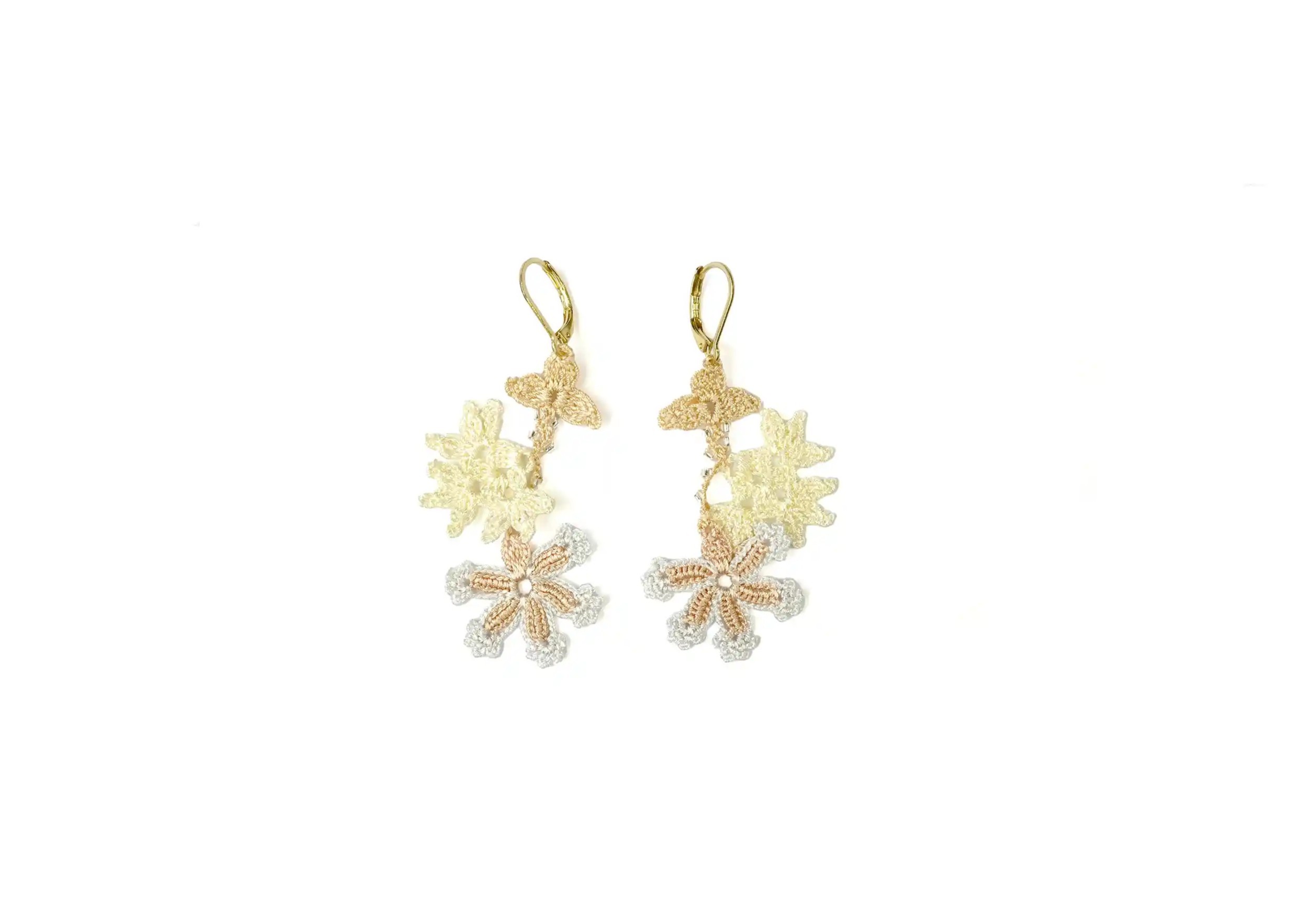 Thread lace and pearl earrings, mother-of-pearl colour, photo taken against a white background