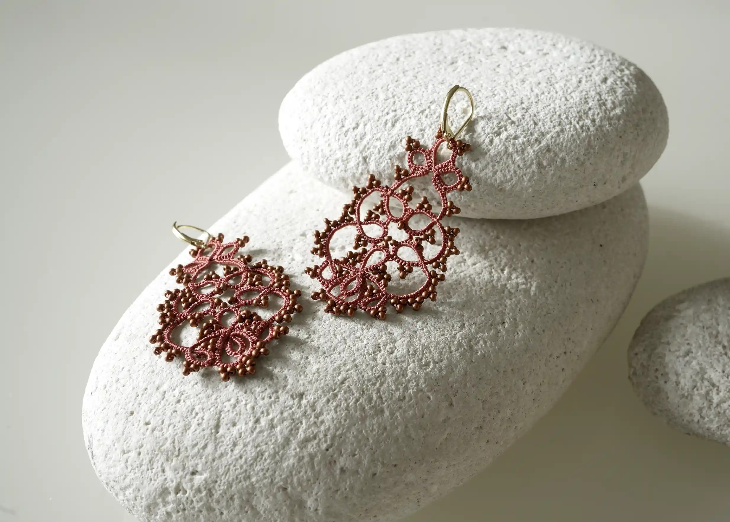 Handmade lace earrings, TREE model by Karawan, matt copper colour