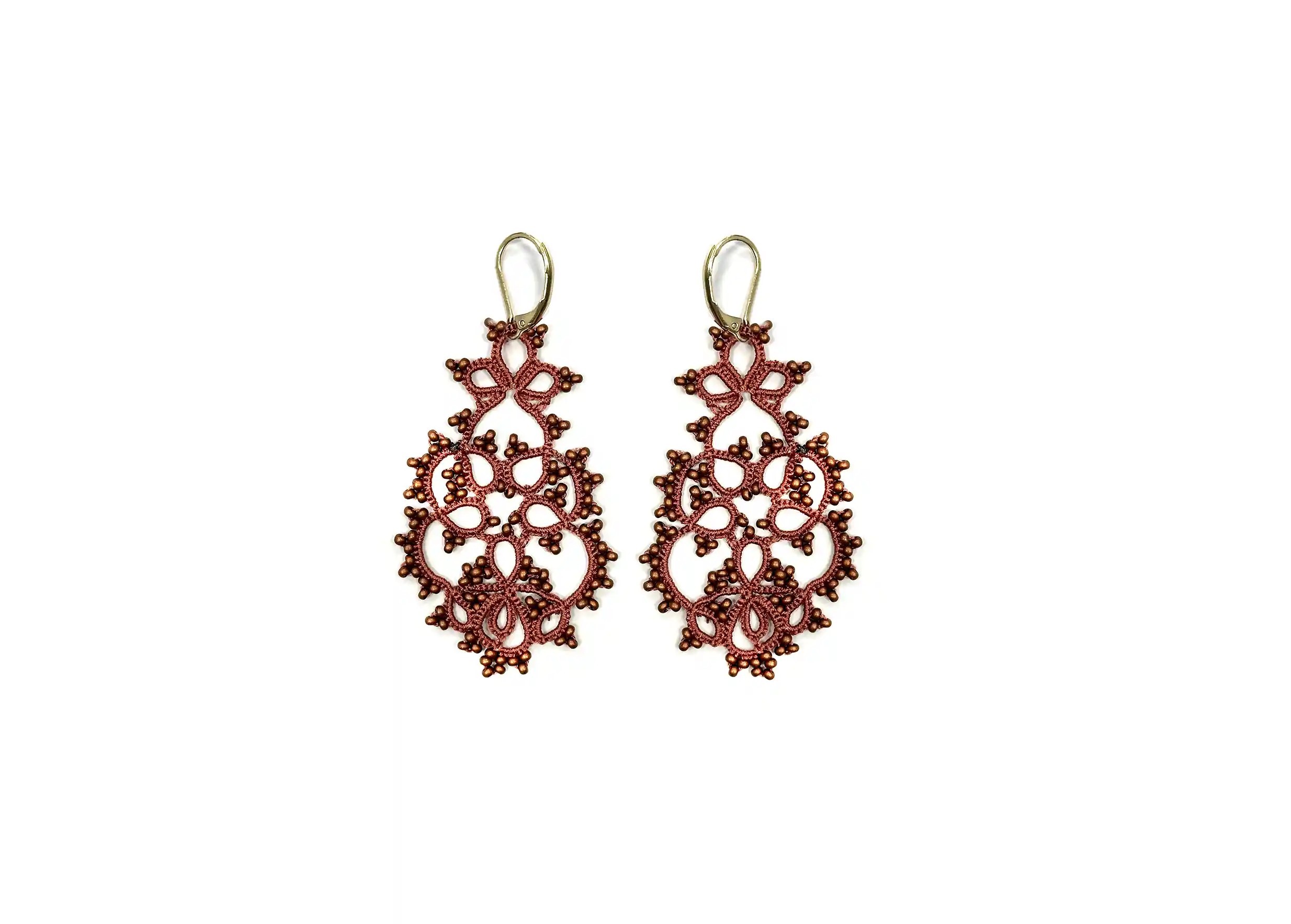 Handmade lace earrings, TREE model, matt copper colour, photo taken against a white background