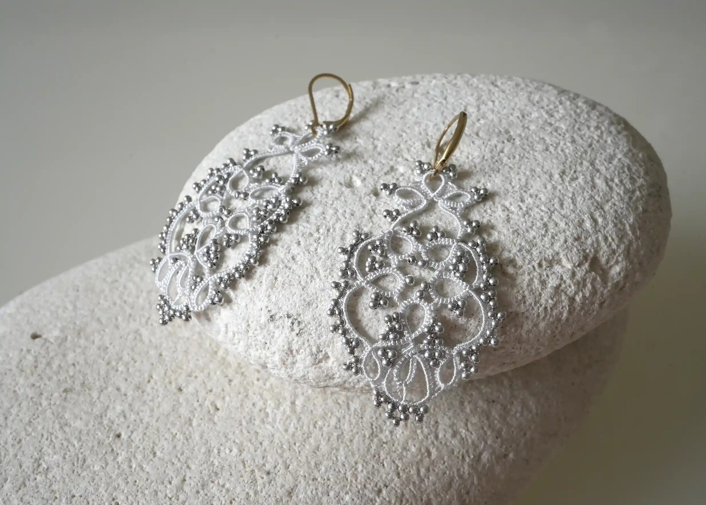 Handmade lace earrings, TREE model by Karawan, silver grey colour