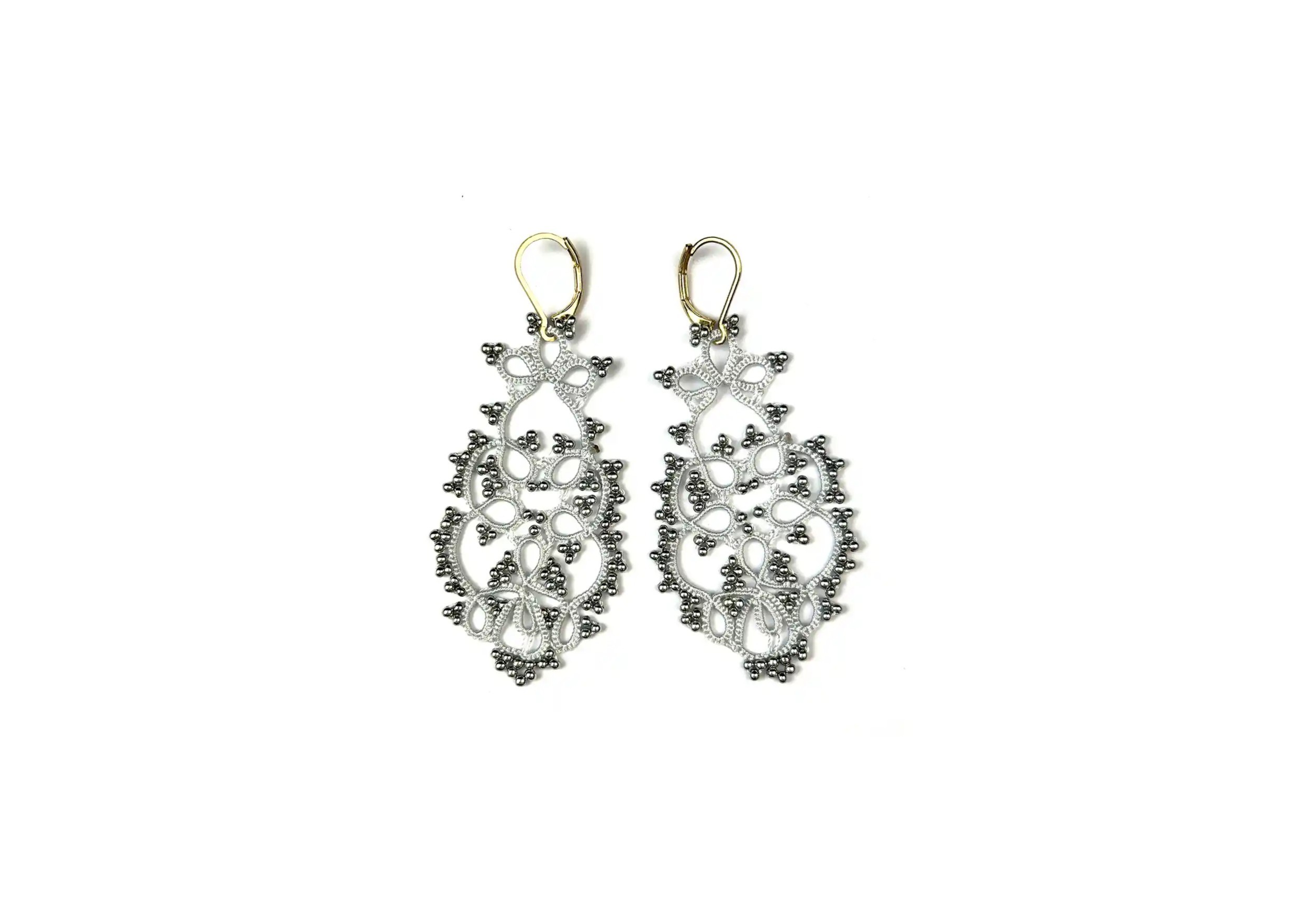 Handmade lace earrings, TREE model, silver grey colour, photo taken against a white background