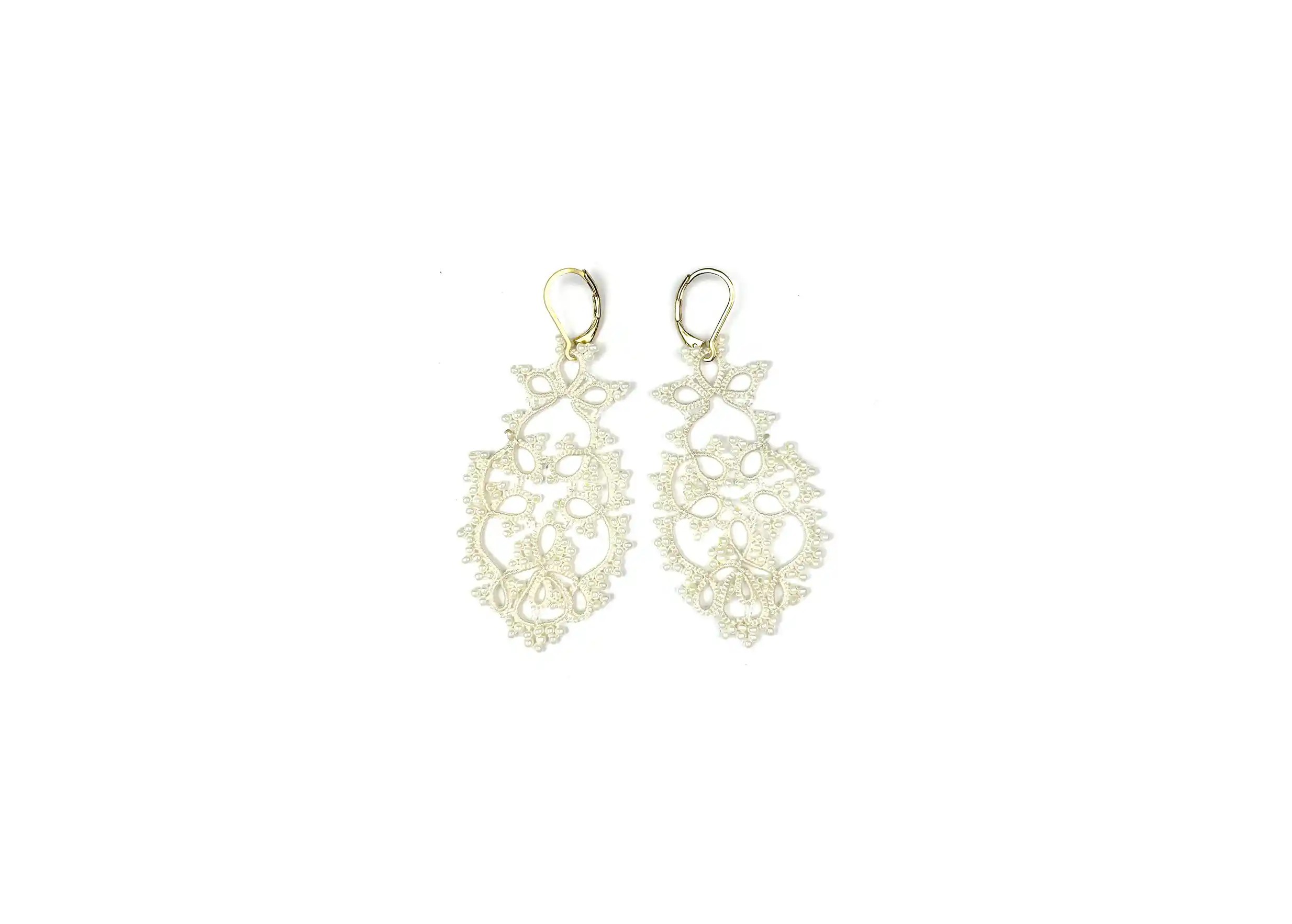 Handmade lace earrings, TREE model, light ivory colour, photo taken against a white background