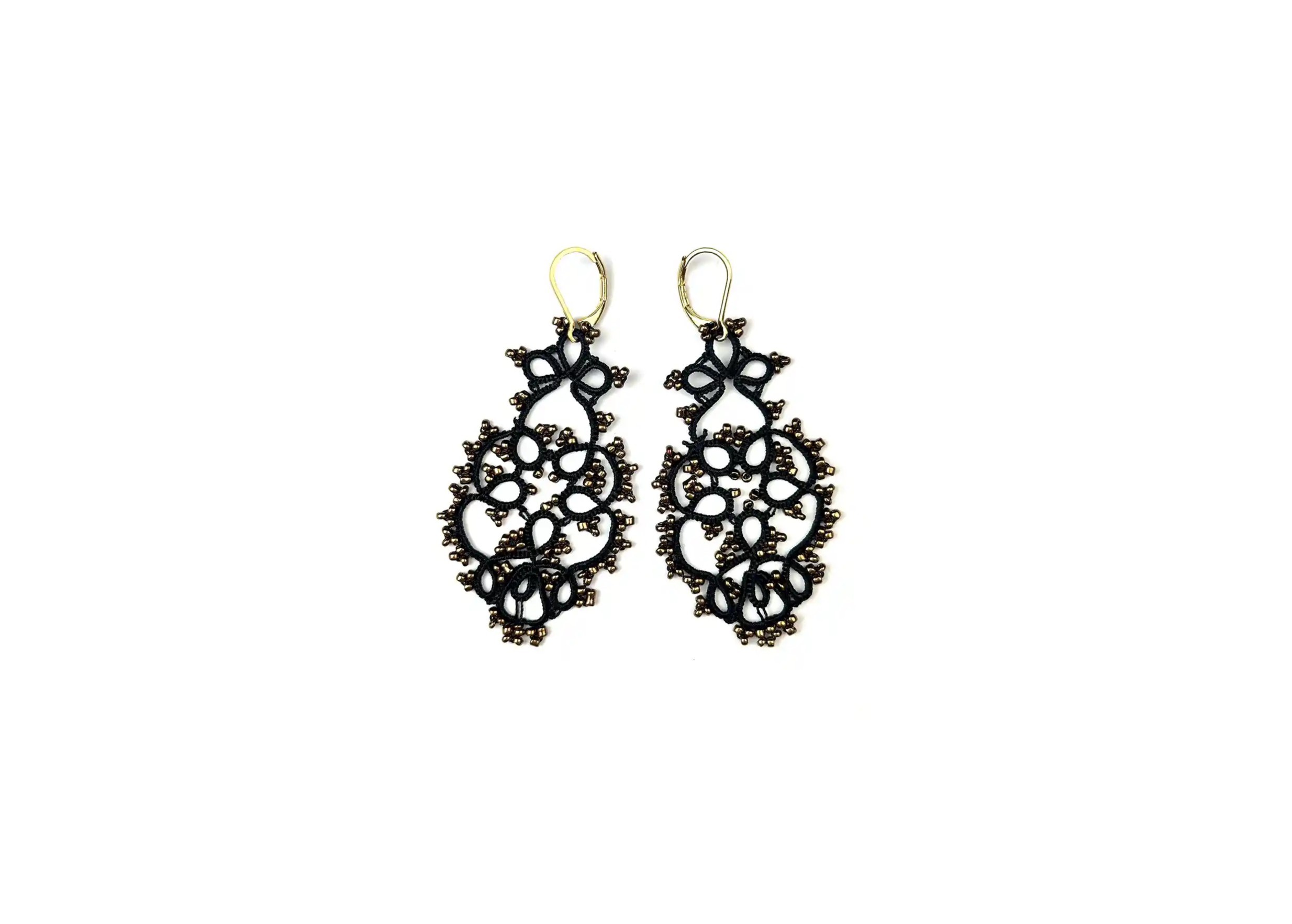 Handmade lace earrings, TREE model, black and copper colour, photo taken against a white background