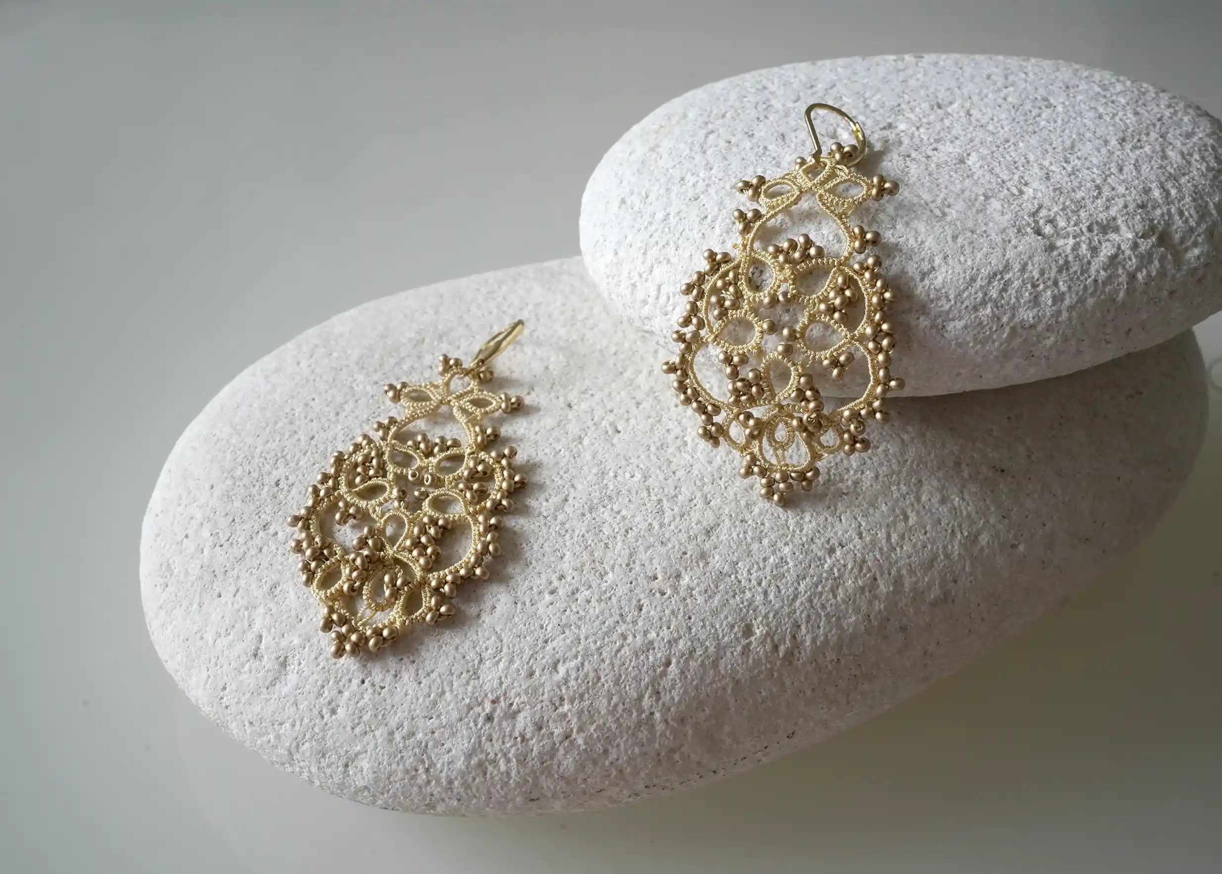 Handmade lace earrings, TREE model by Karawan, matt gold colour