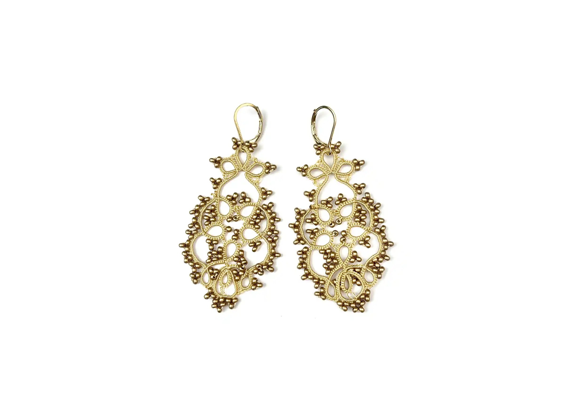 Handmade lace earrings, TREE model, matt gold colour, photo taken against a white background