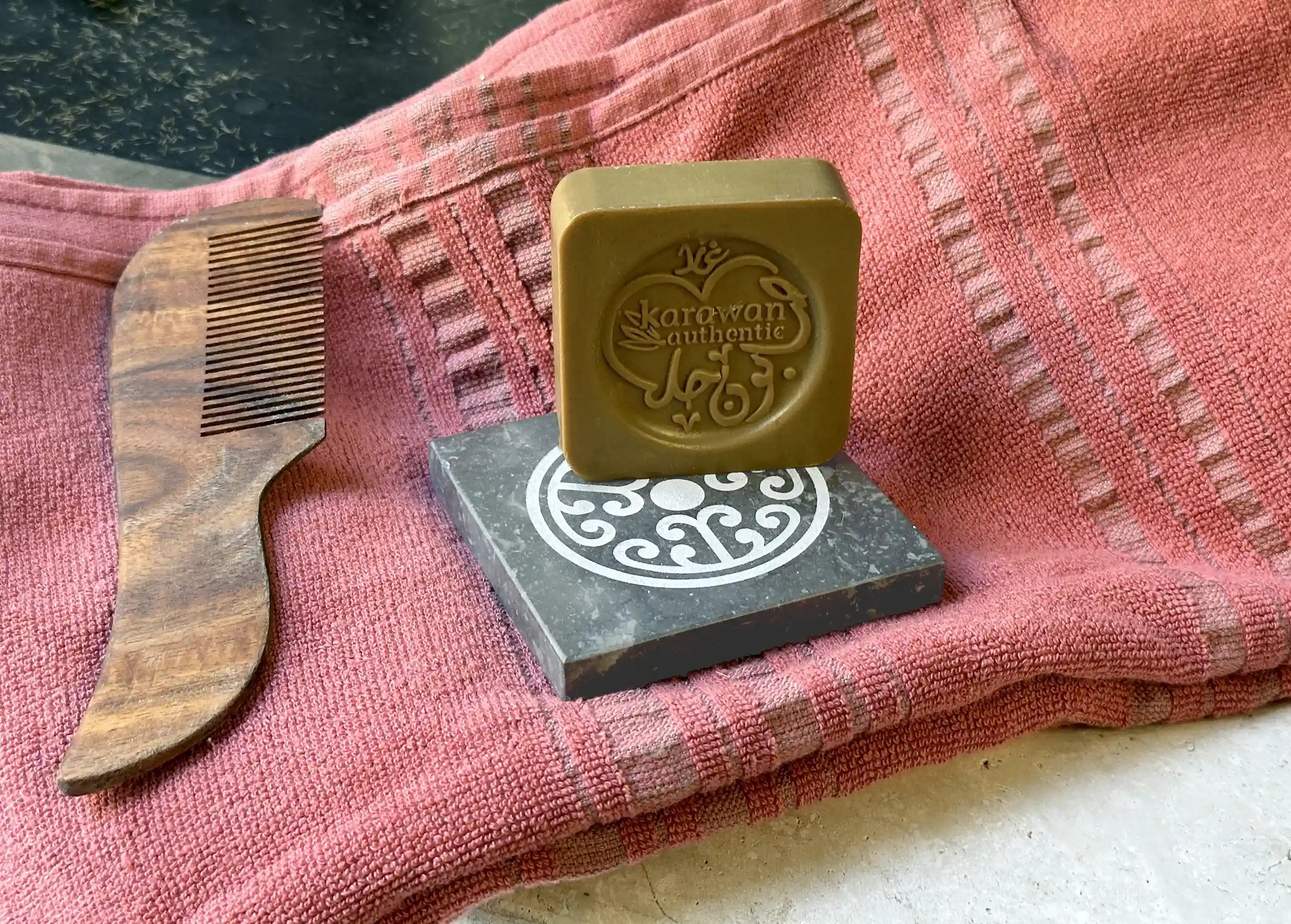 Aleppo soap on a Karawan Authentic marble soap dish