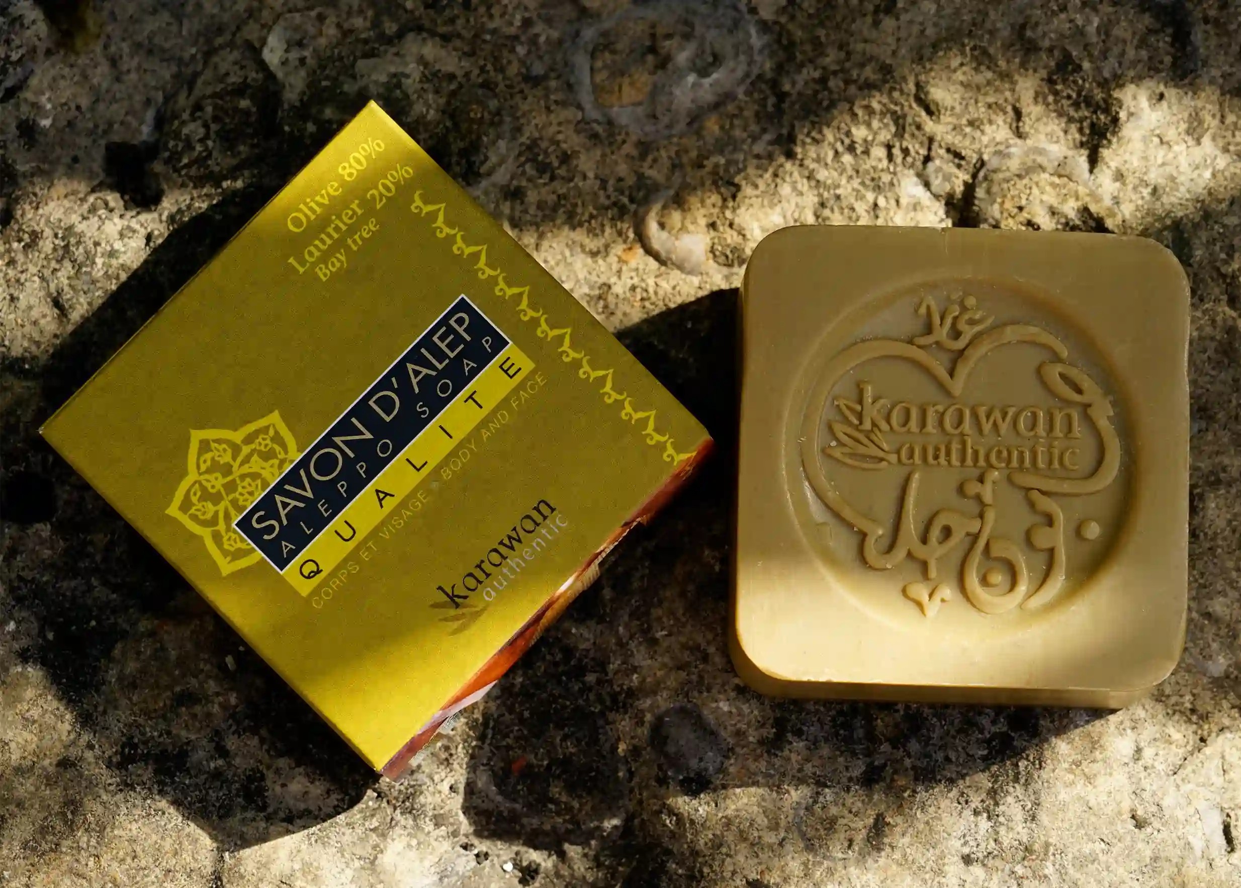 20% Quality Aleppo medium soap bar with Karawan's stamped motif