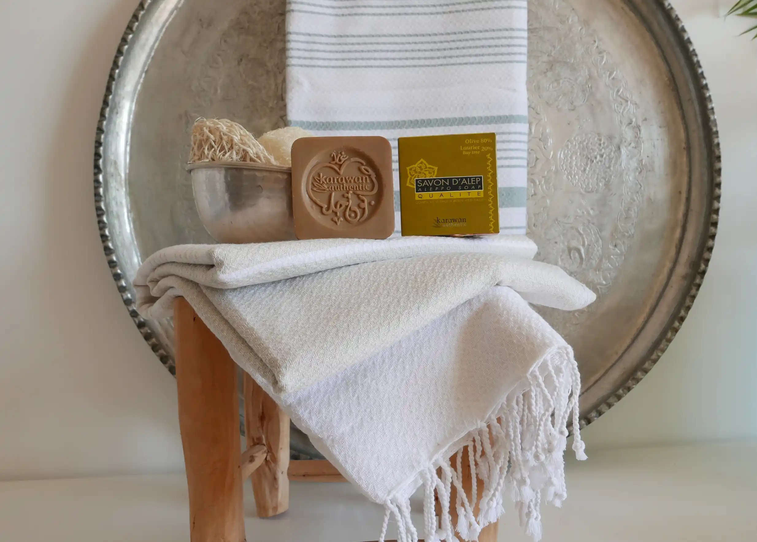 Aleppo medium soap bar, scrub tray and gloves, hammam ambiance