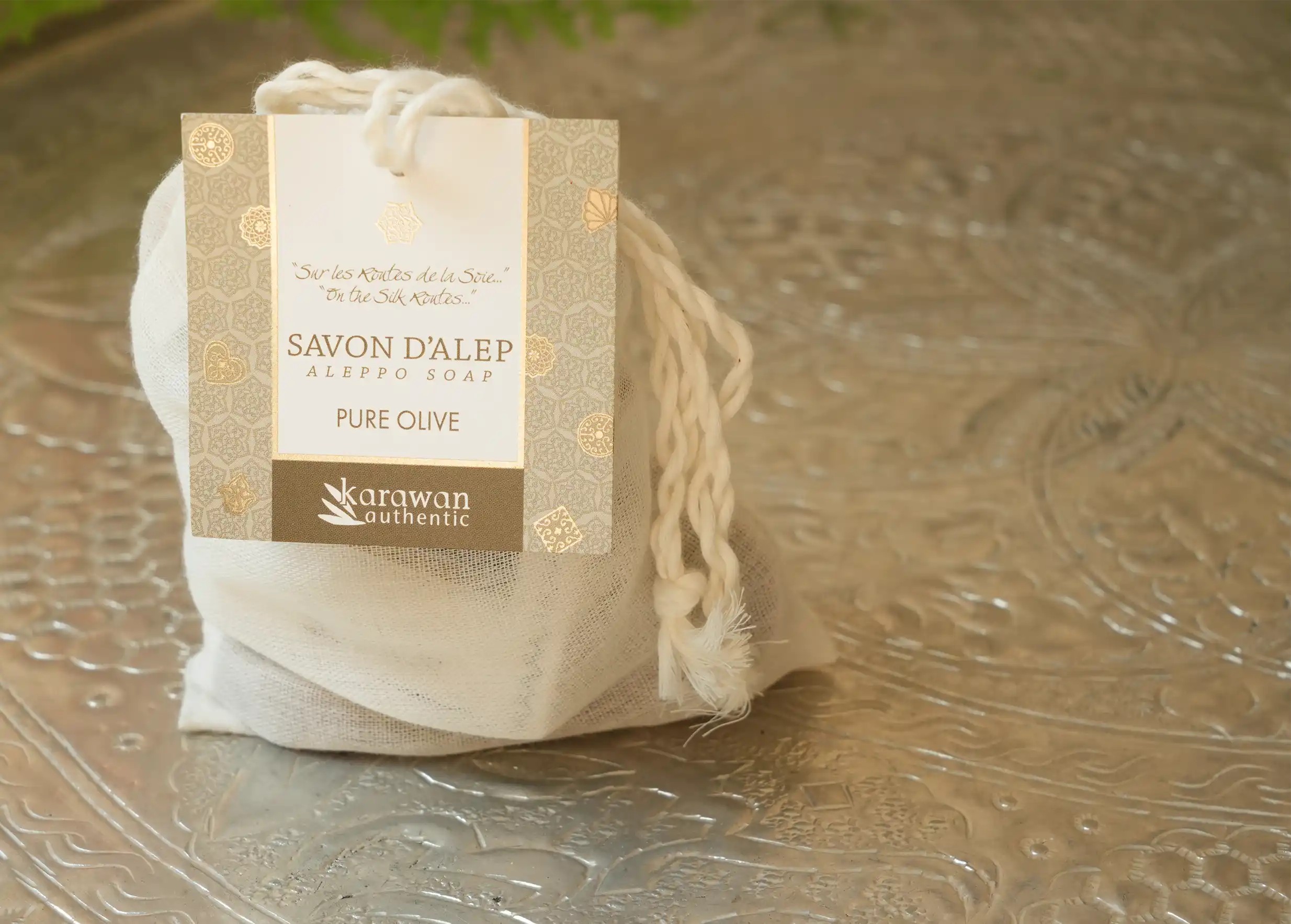 Gift bag with mini olive oil Aleppo soaps, made by Karawan