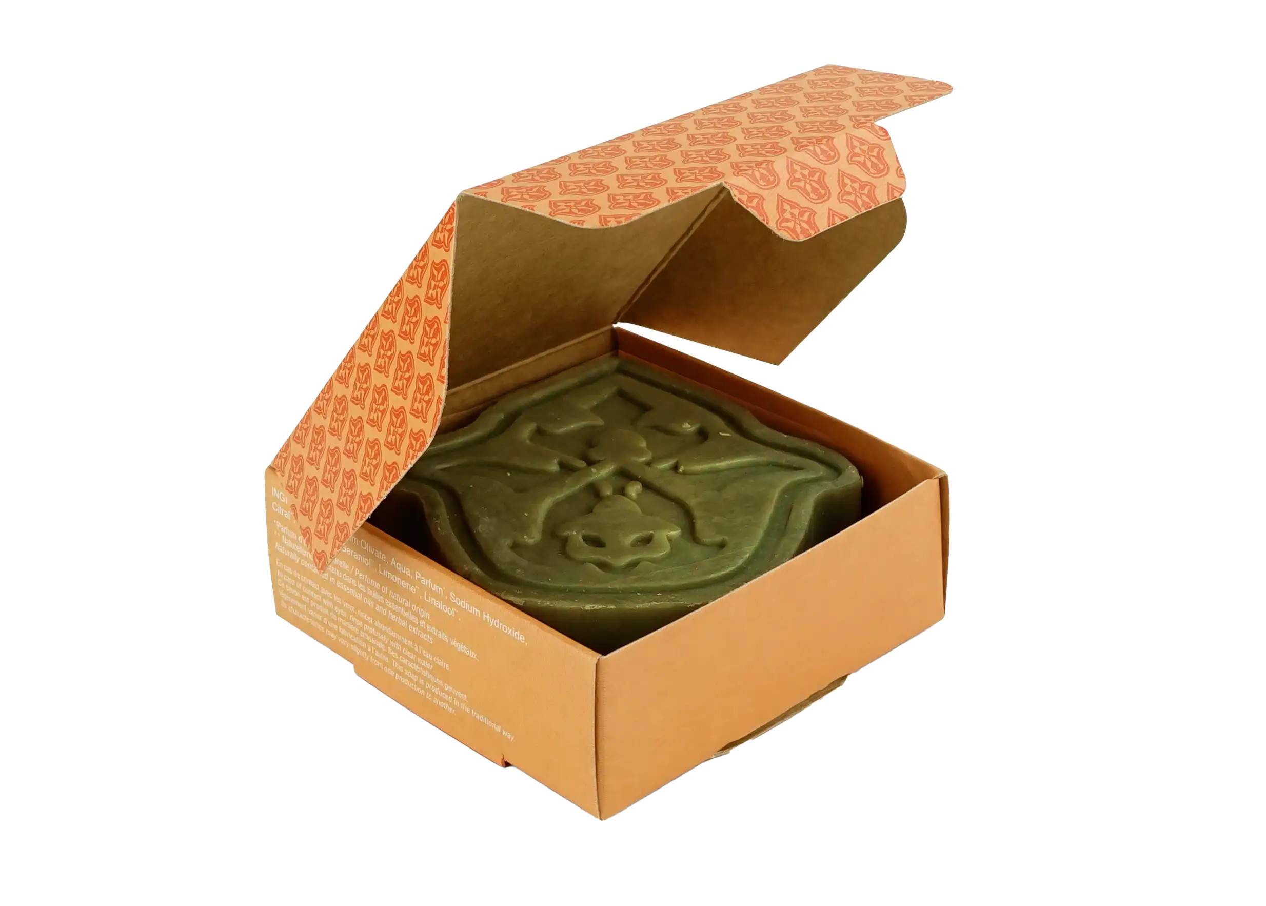 Savon d'Alep à la senteur d'agrumes Iskendar dans son coffret orange