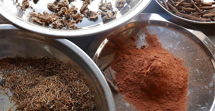 Ayurvedic roots, dried herbs and powders