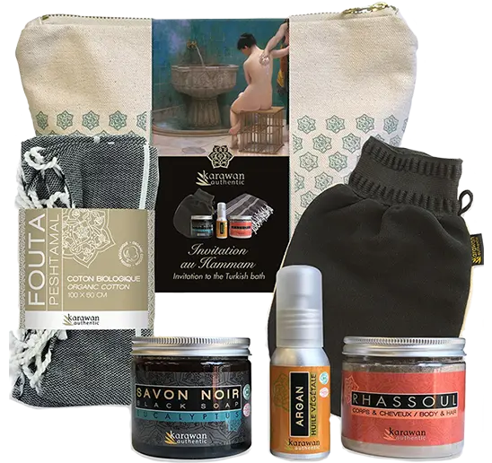 Kit hammam avec fouta, gant kessa, savon noir, huile d'argan et rhassoul