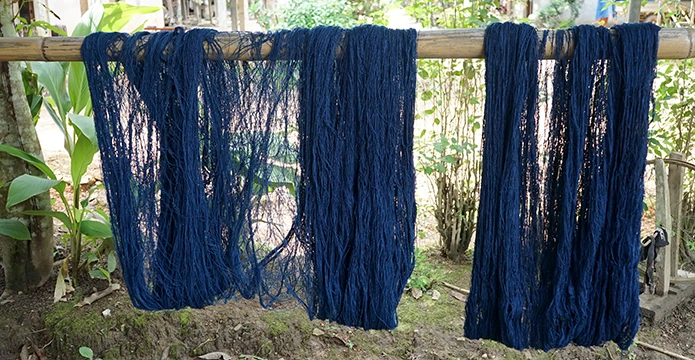 Écheveaux de fils indigo séchant à l’air libre, reflet d’une mode authentique et d’un artisanat textile respectueux des traditions.